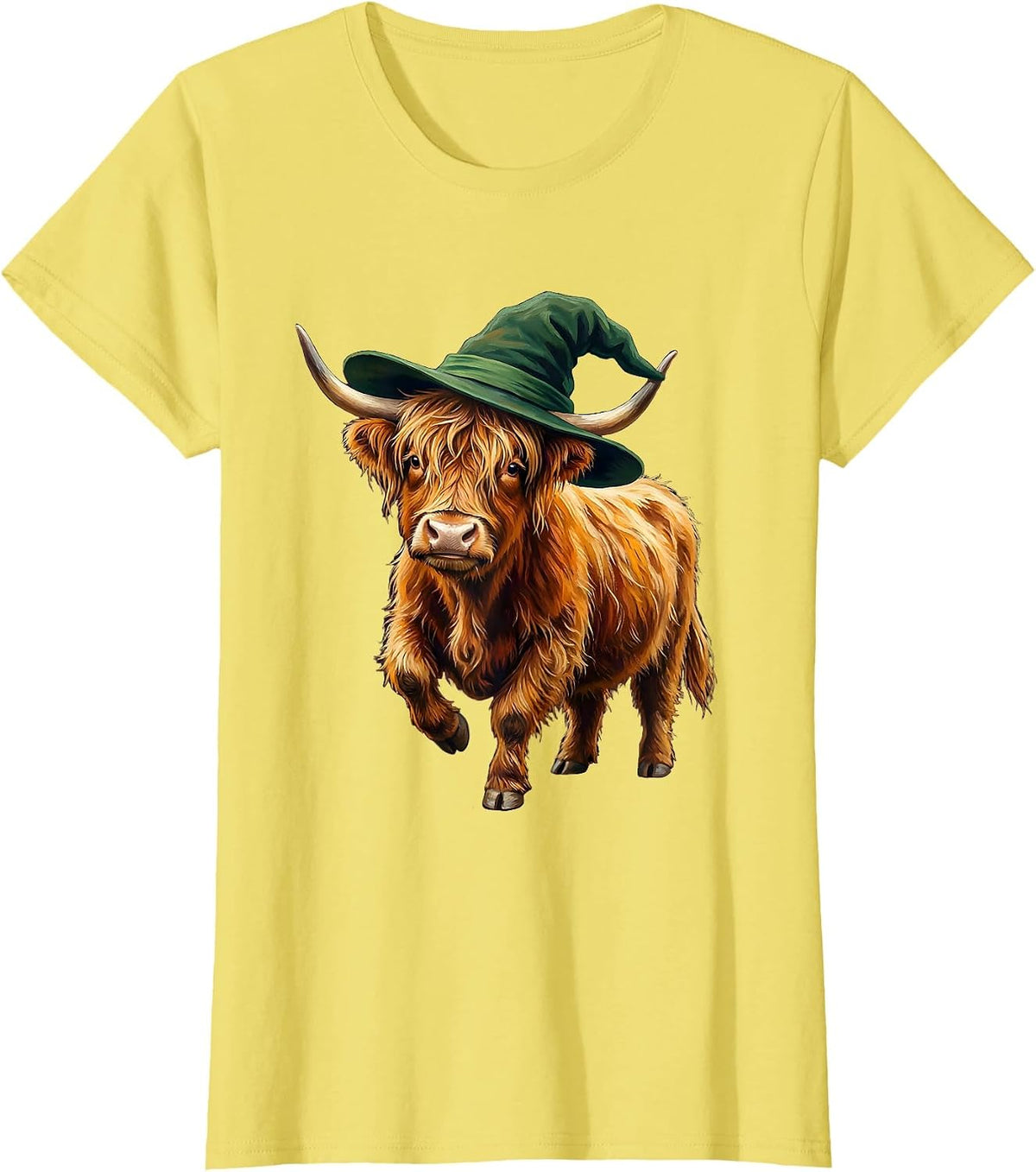Soft Highland Cow Witch Halloween Storybook Humor T-Shirt - Lemon Yellow