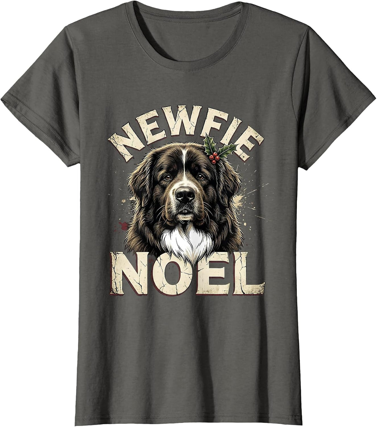 Women's Newfie Noel Distressed Christmas Newfoundland Dog Breed T-Shirt - Asphalt Grey