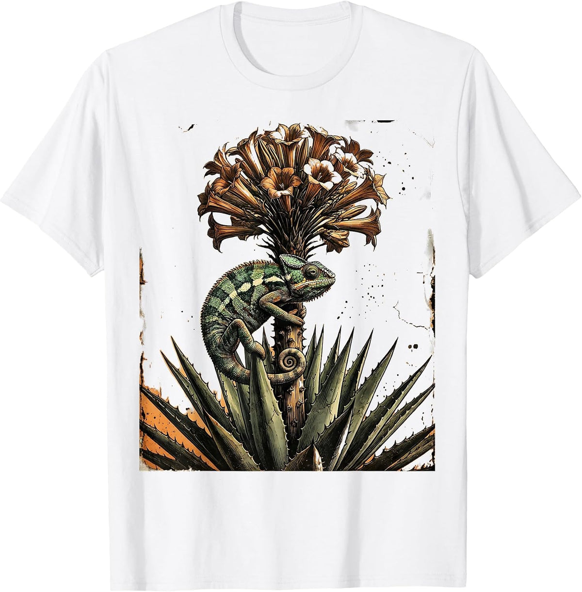 Men's Colorful Chameleon on Blooming Agave Mexico T-Shirt - White