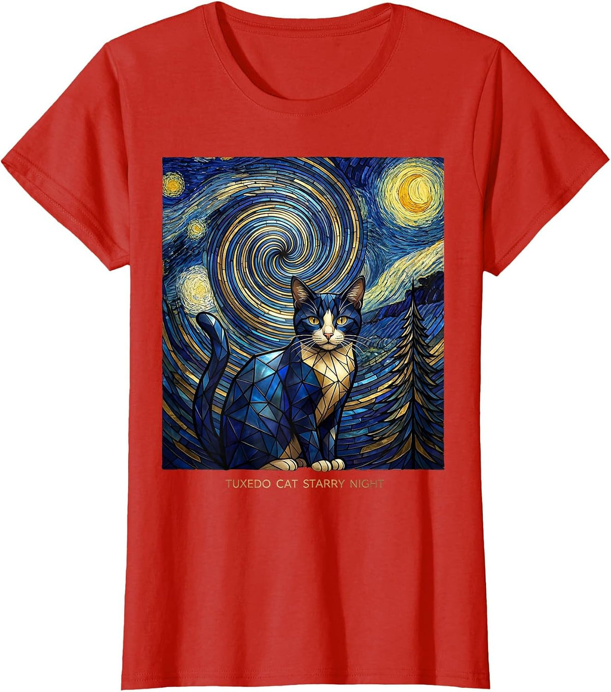 Women's Tuxedo Cat Starry Night Whimsical Van Gogh Cat Lover Art T-Shirt - Red