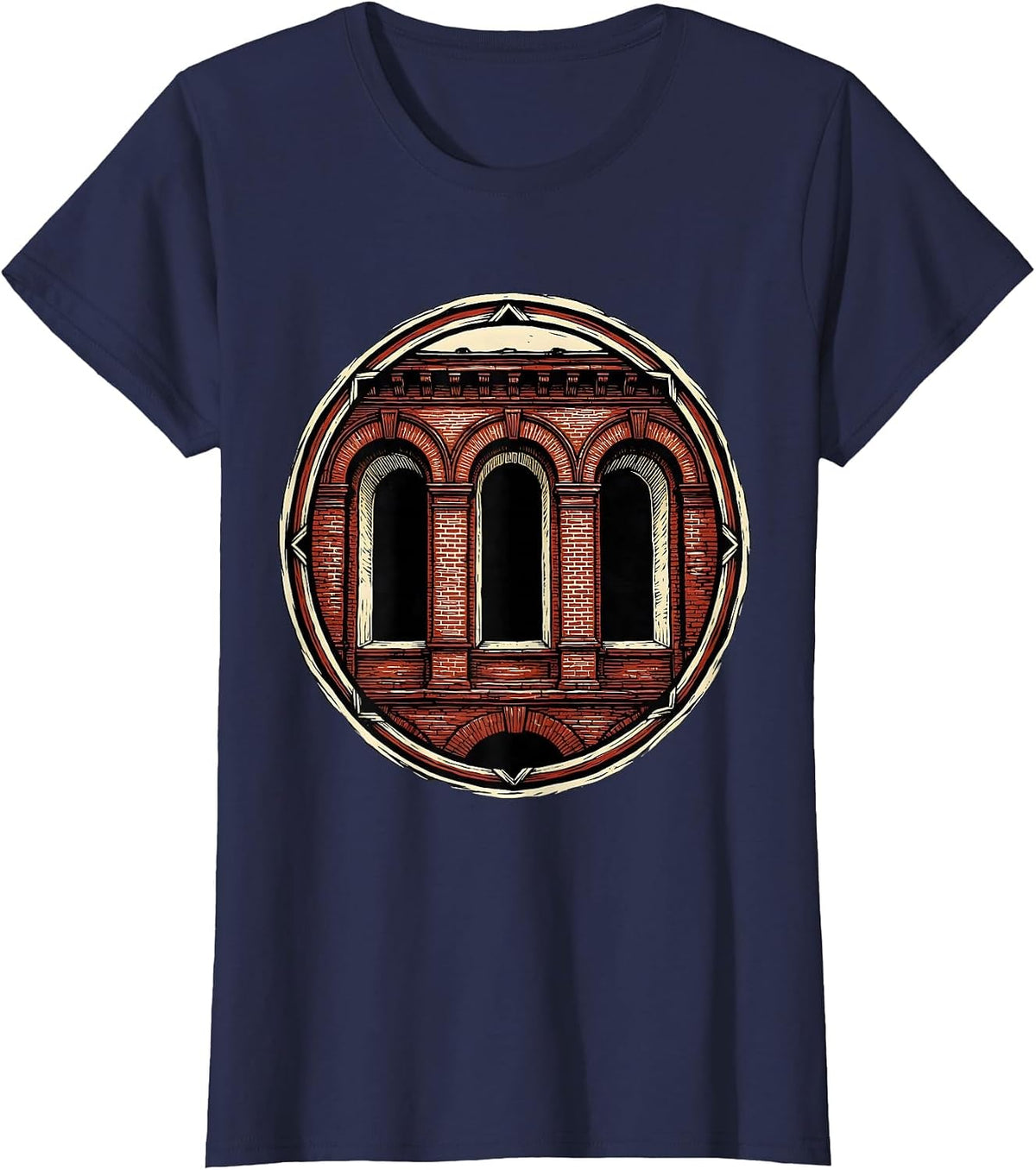 Women's Mason 67 Old Brick Building Arched Windows Graphic T-Shirt - Navy Blue