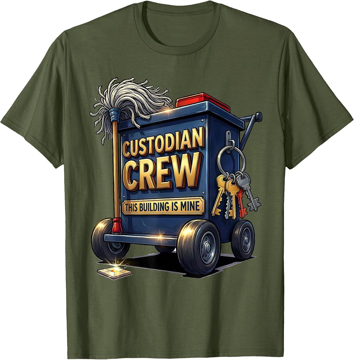 Men's Custodian Crew This Building Is Mine Cartoon Teacher Staff T-Shirt - Olive Green