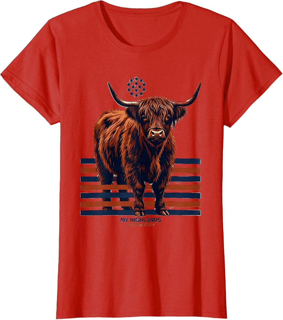 My Highlands Feed America Screenprint Highland Cow Patriotic T-Shirt - Red