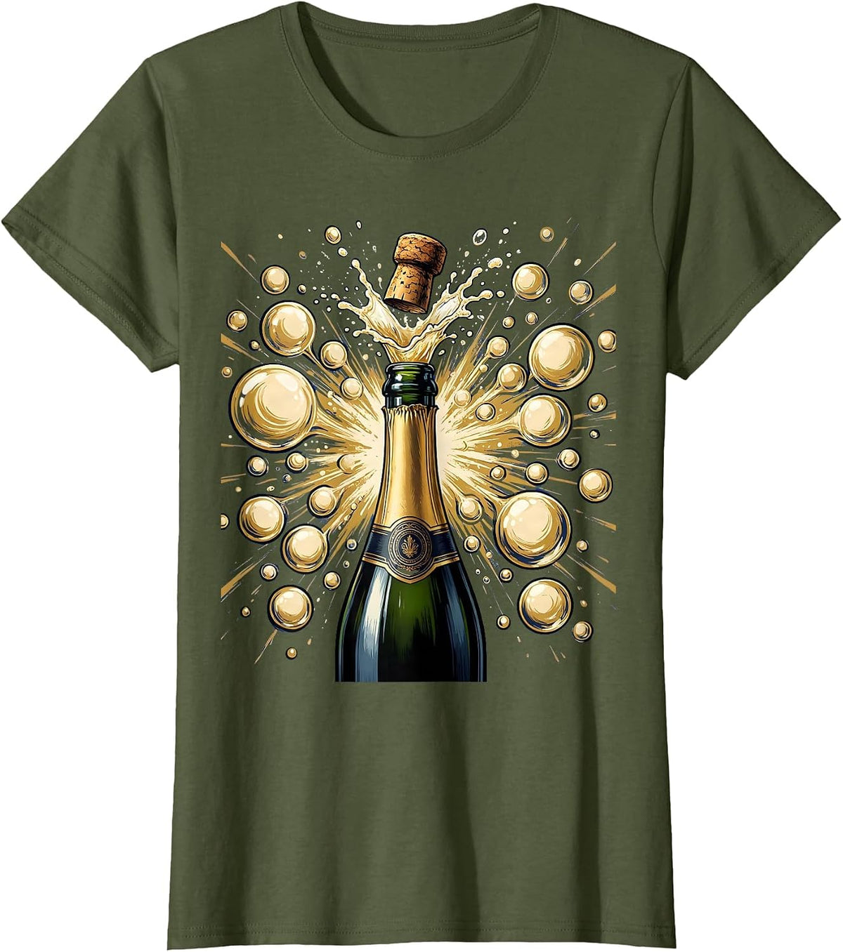 Women's Champagne Explosion Burst of Bubbles Graphic Tee T-Shirt - Olive Green