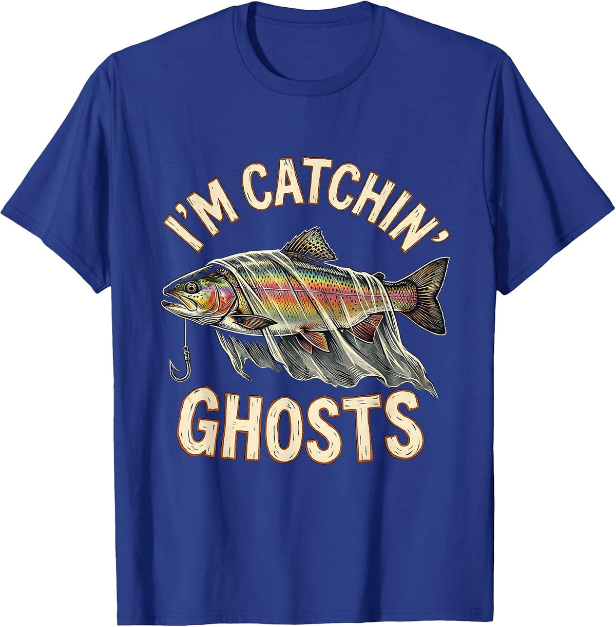 I'm Catchin' Ghosts Linocut Halloween Fishing Ghost Dad T-Shirt - Royal Blue