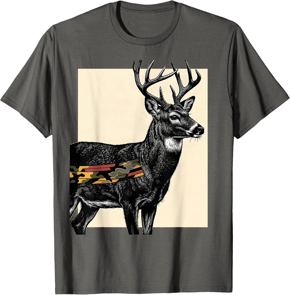 Alert Whitetail Buck Scratchboard Hunting Dad Gift T-Shirt - Asphalt Grey