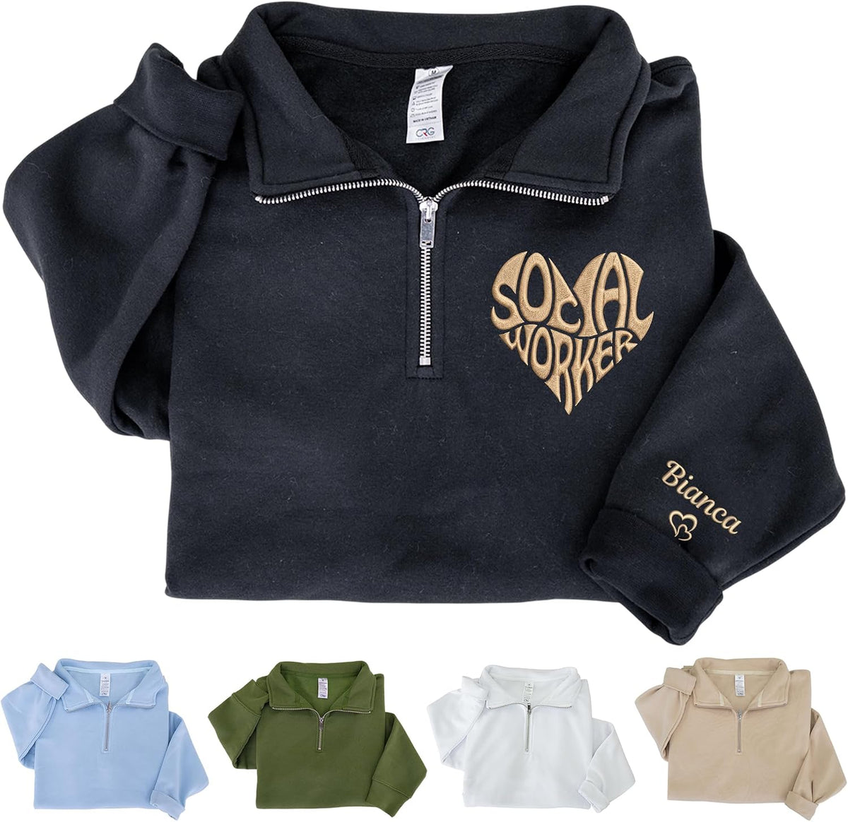 Custom Embroidered Social Worker Quarter Zip Sweatshirt, Personalized Name on Sleeve with Heart, Social Work Graduation