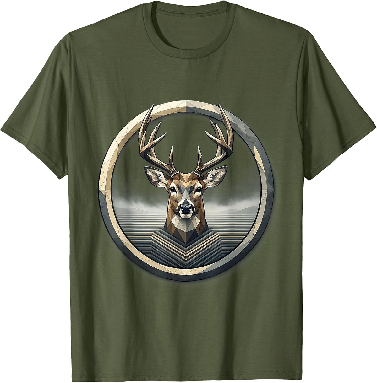 Whitetail Deer in Fog Hunting Illustration T-Shirt - Olive Green