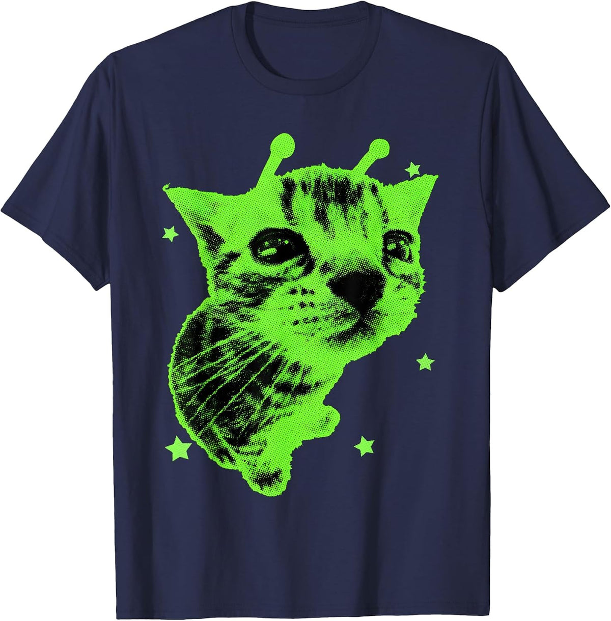 Alien Cat Meme Retro Silly Cat Y2K Vintage Space Kitty Funny T-Shirt - Navy Blue