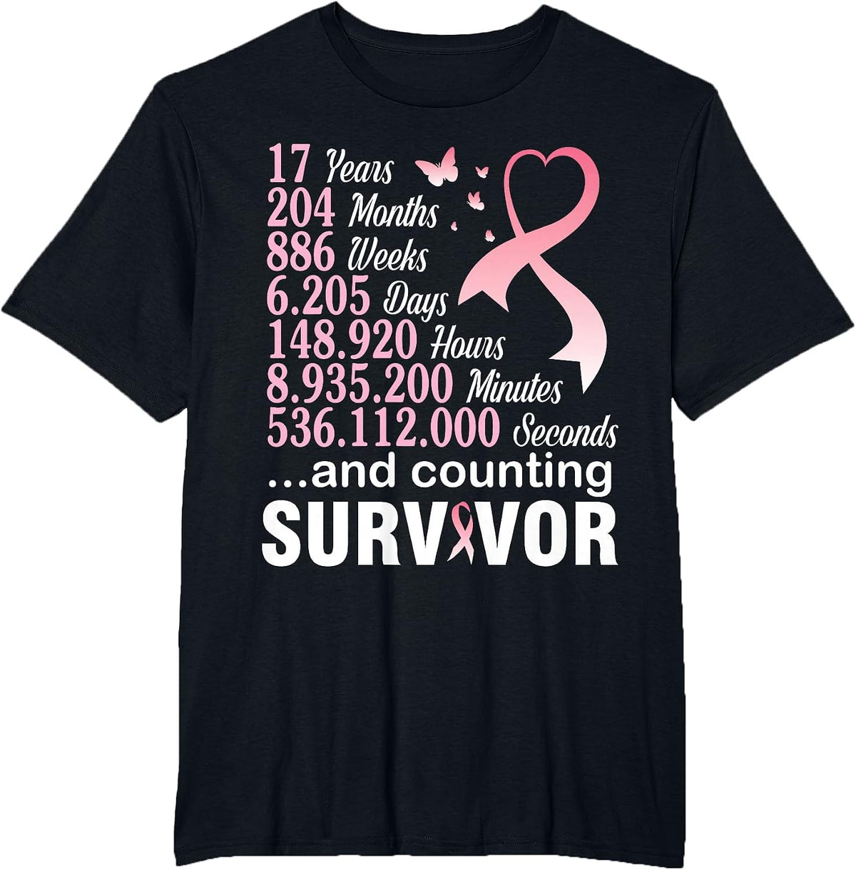 17 Years 204 Months & Counting Survivor Fight Breast Cancer T-Shirt - Black