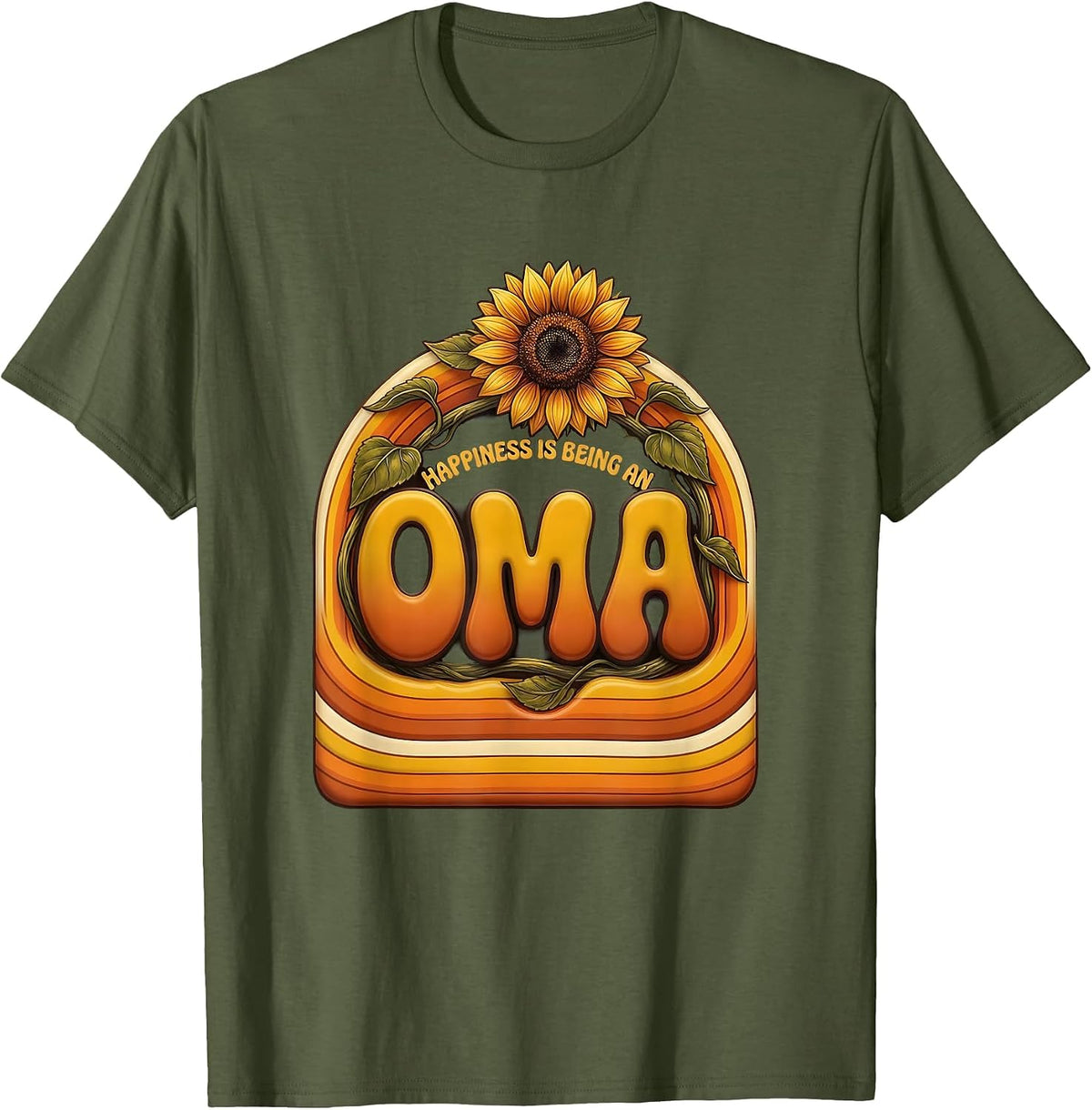 Happiness Is Being An Oma Retro Grandma Sunflower Mother's T-Shirt - Olive Green