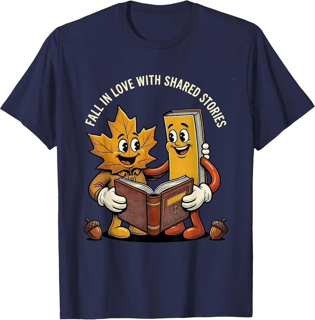 Men's Fall In Love With Shared Stories Retro Cartoon Teacher Book T-Shirt - Navy Blue