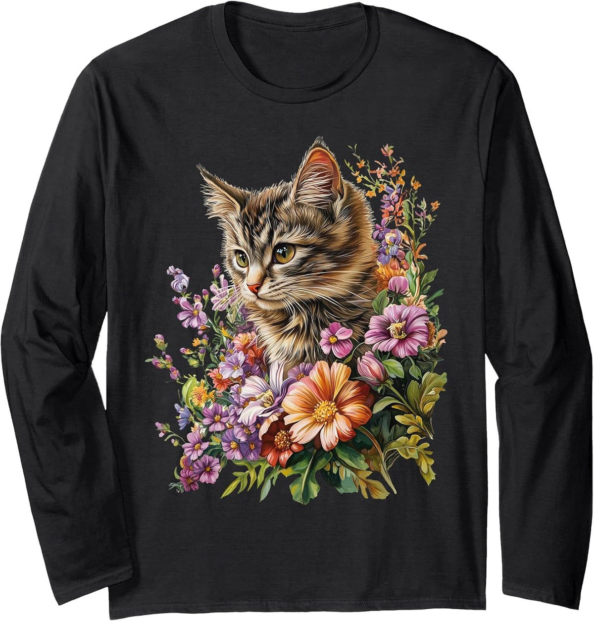 Cat Flower Floral Cute Kitten Graphic Long Sleeve T-Shirt - Adult Unisex Black