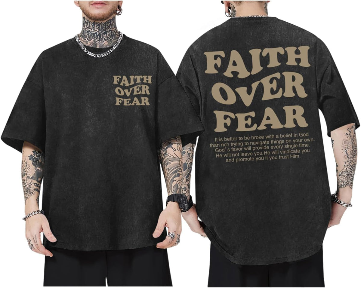 Christian Shirts for Men Faith Over Fear Oversized Tees - Black