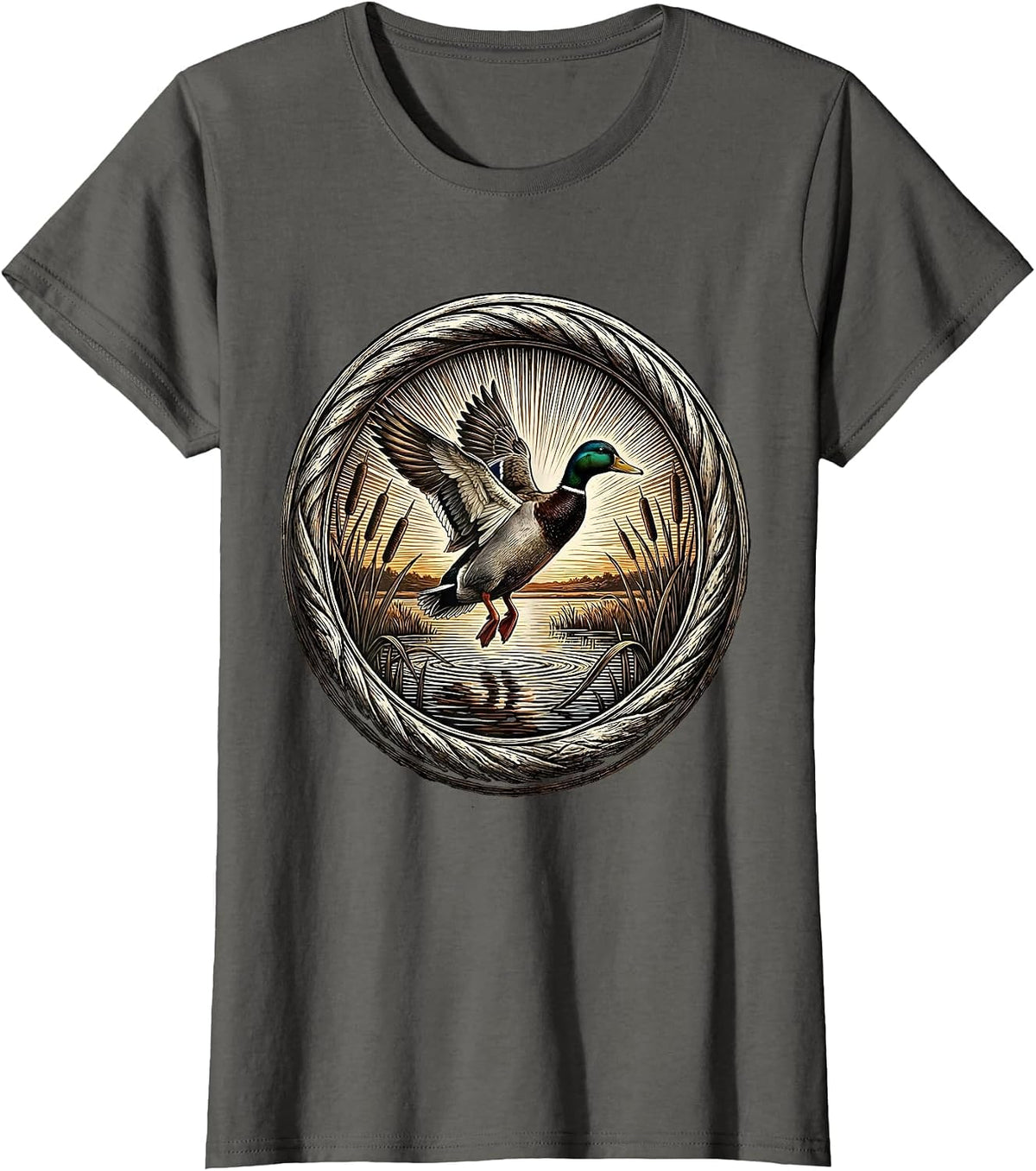 Women's Duck Flying Over Marsh at Sunset Hunting Design T-Shirt - Asphalt Grey