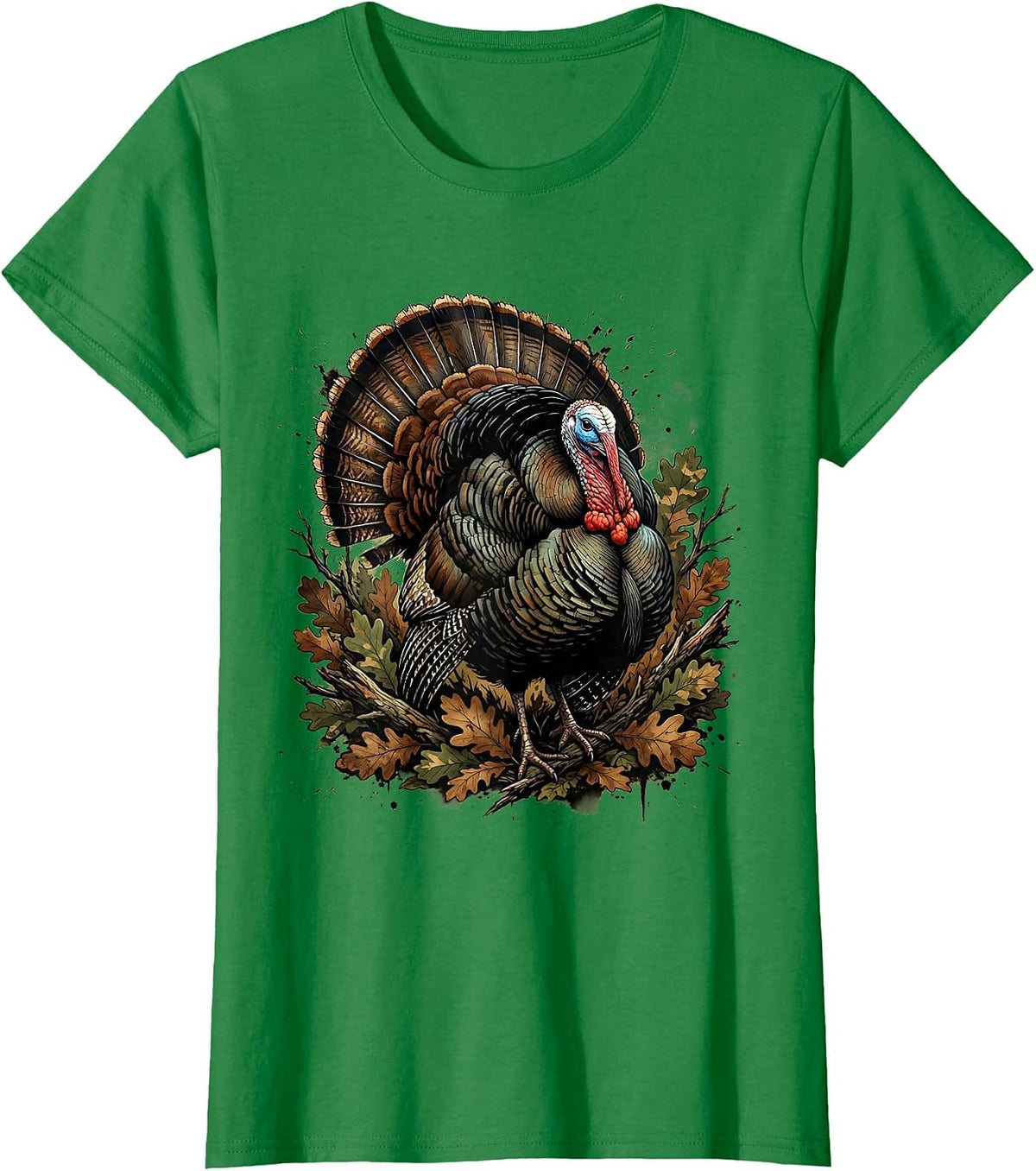 Women's Turkey Strutting Camo Fall Foliage Hunting Design T-Shirt - Kelly Green