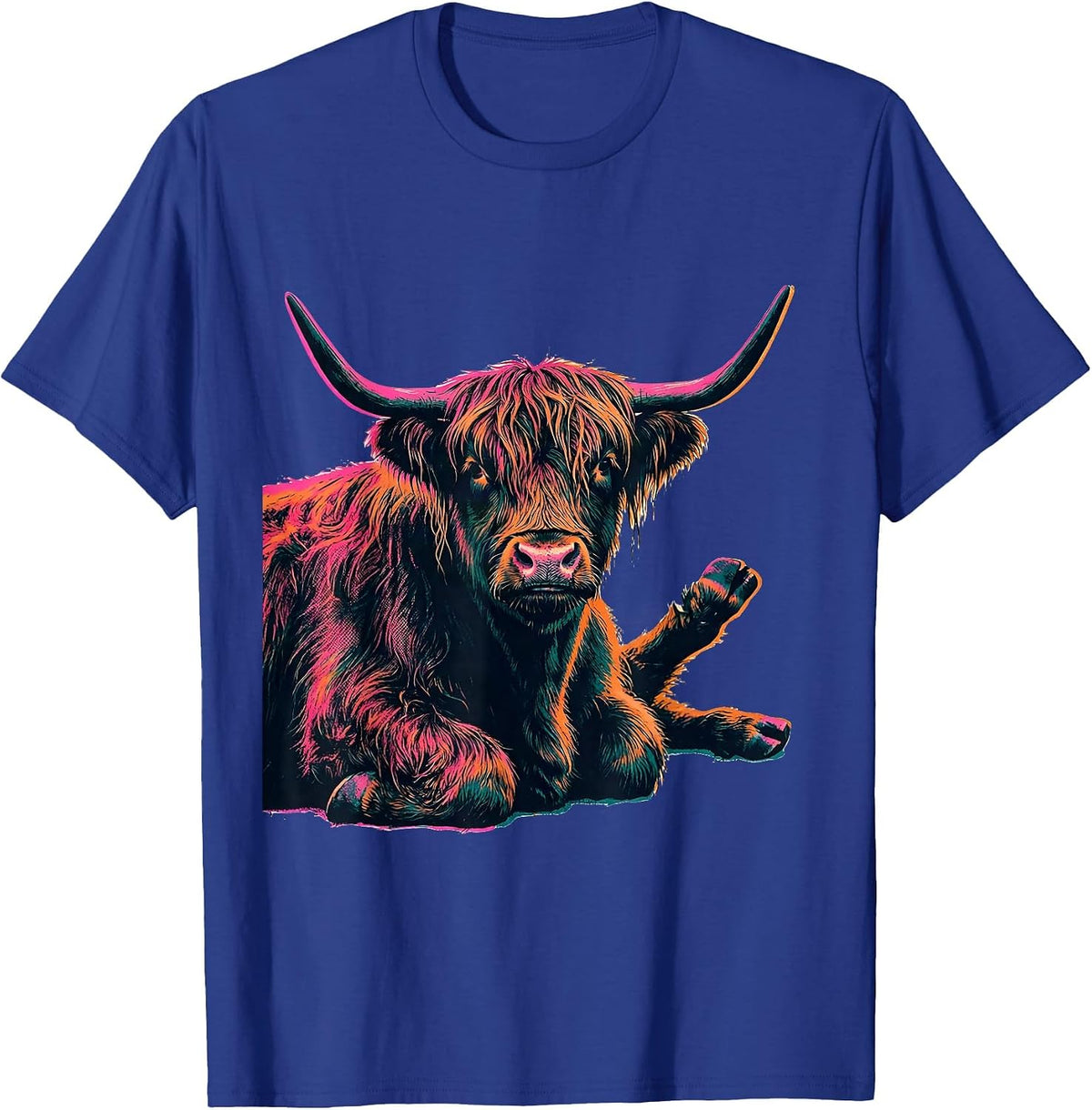 Highland Cow Risograph Farm Humor Novelty Gift T-Shirt - Royal Blue