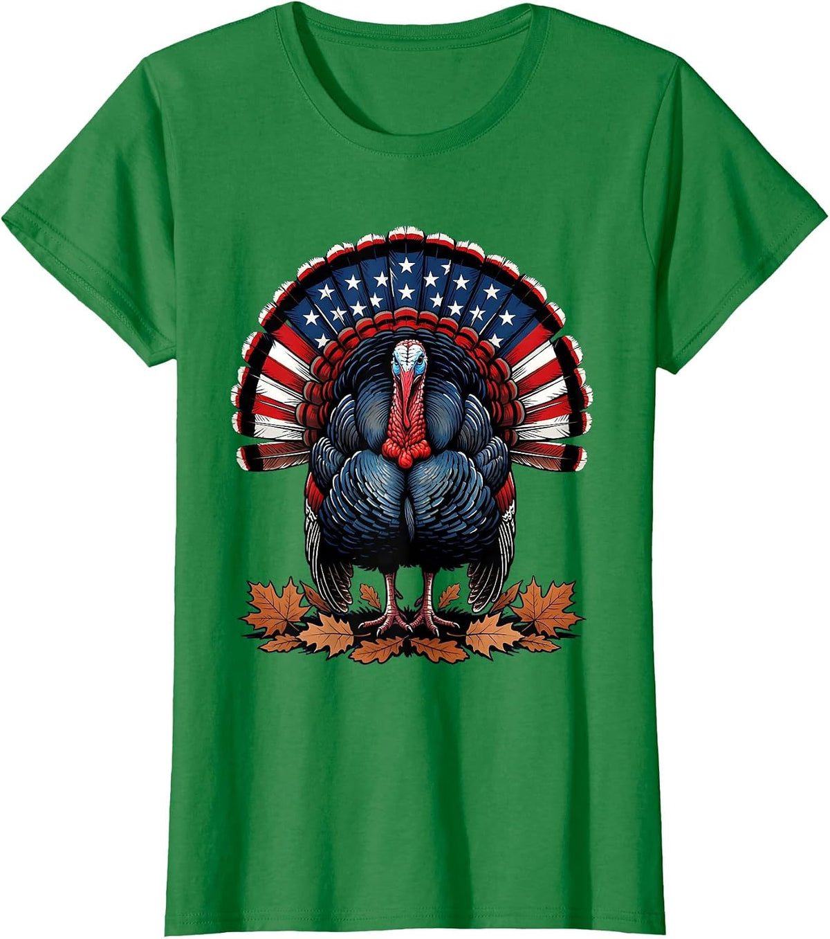 Women's Wild Turkey Strutting Autumn Leaves Thanksgiving T-Shirt - Kelly Green