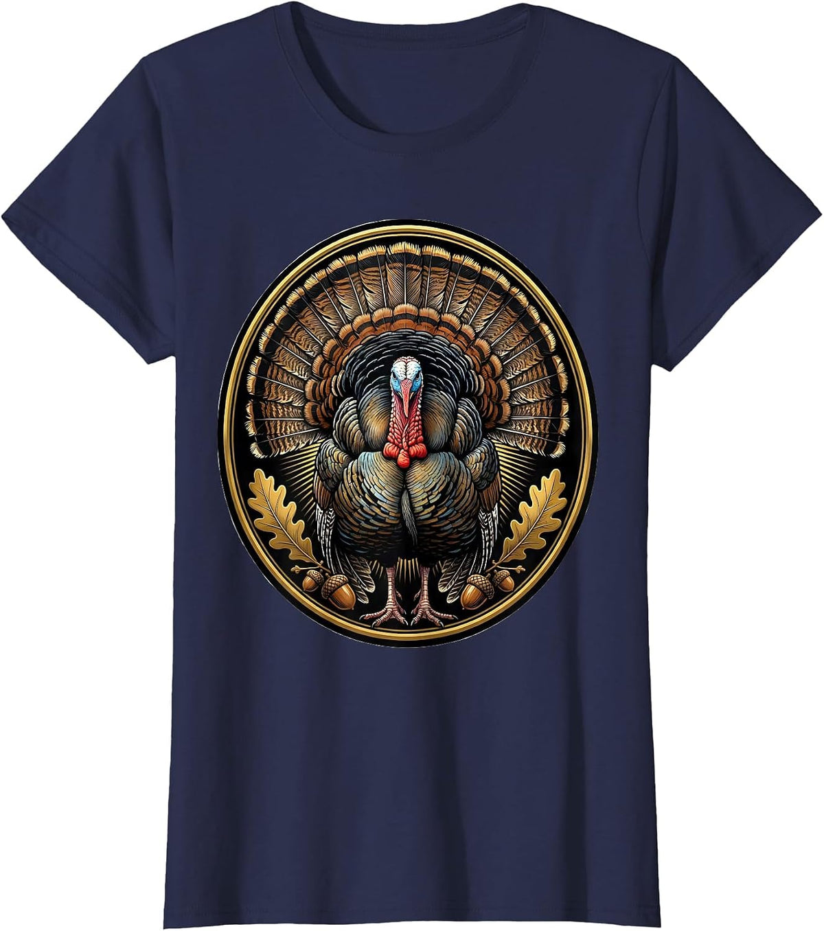 Women's Turkey Feathers Full Strut Fan Illustration T-Shirt - Navy Blue