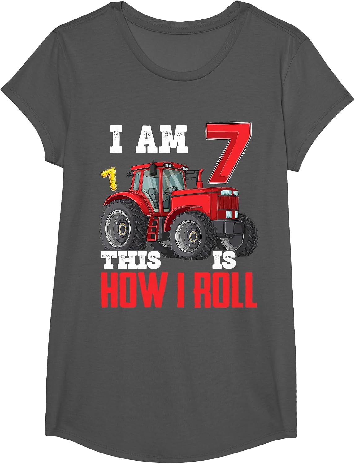 I Am 7 This is How I Roll 7th Birthday Seven Years Tractor T-Shirt - Girls Asphalt Grey