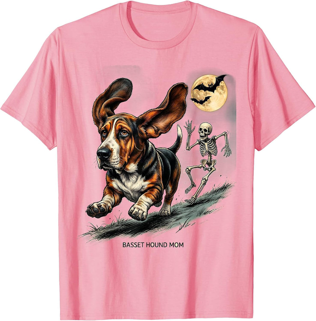 Men's Basset Hound Mom Funny Skeleton Chasing Halloween Dog Mom T-Shirt - Pink