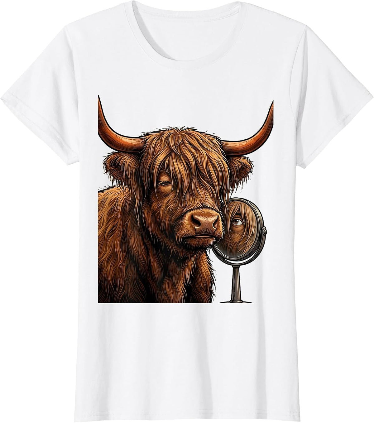 Women's Cartoon Highland Cow Mirror Funny Cow Lover Graphic T-Shirt - White