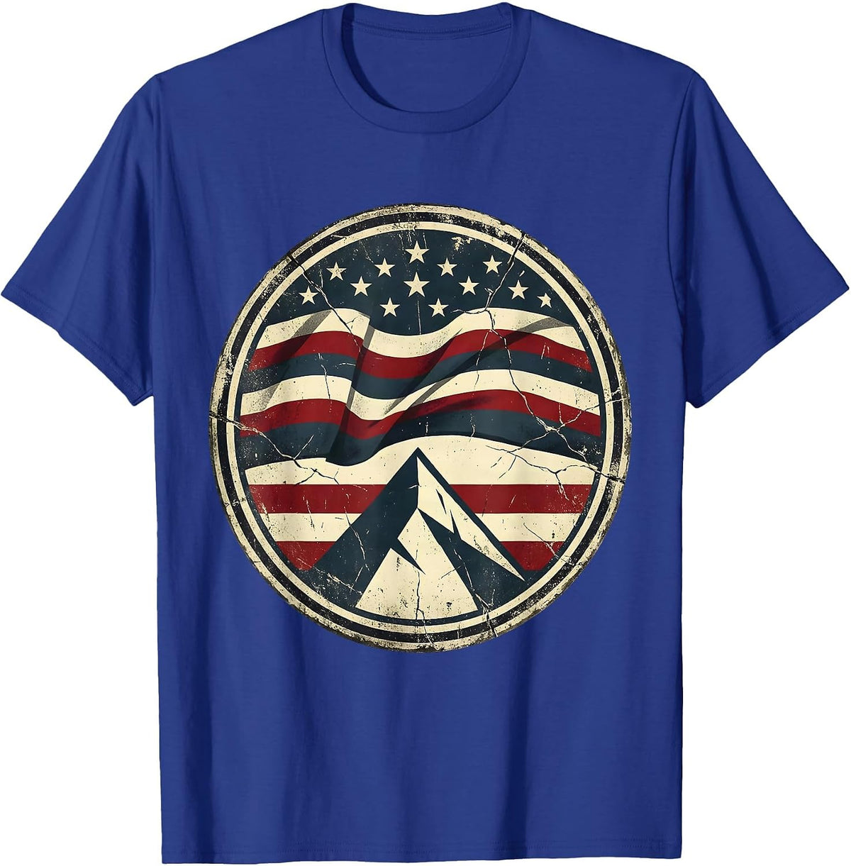 Weathered American Flag Over Mountain Peak T-Shirt - Royal Blue
