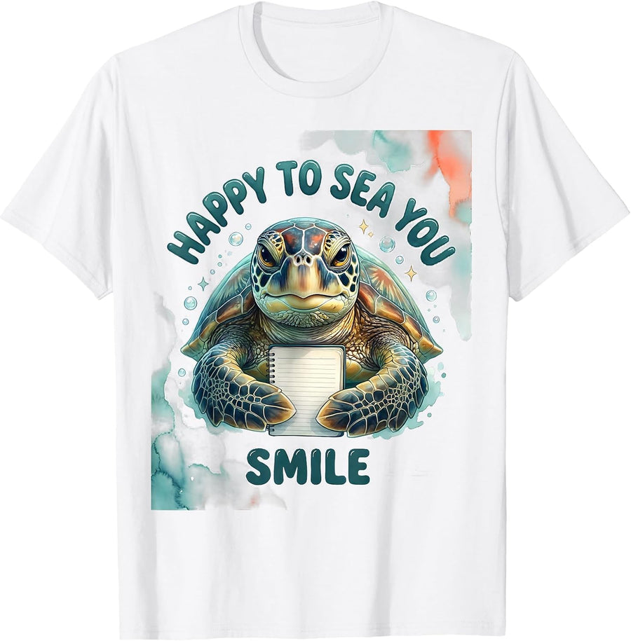 Men's Happy To Sea You Smile Watercolor Sea Turtle Back To School T-Shirt - White