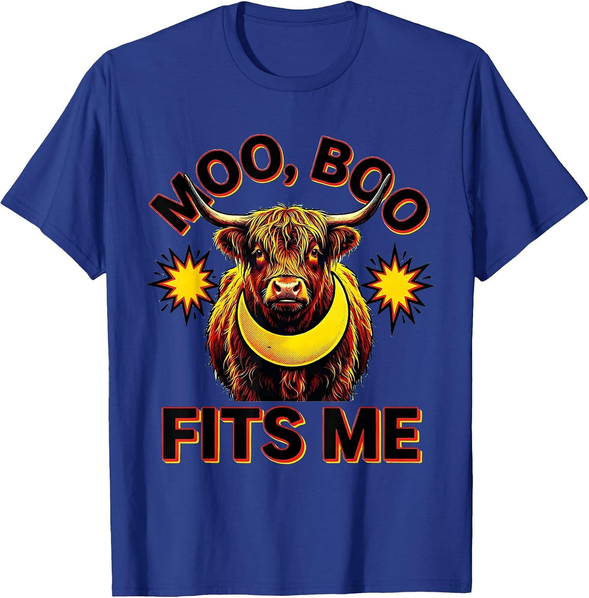Moo, Boo Fits Me Pop Art Highland Cow Halloween Costume T-Shirt - Royal Blue