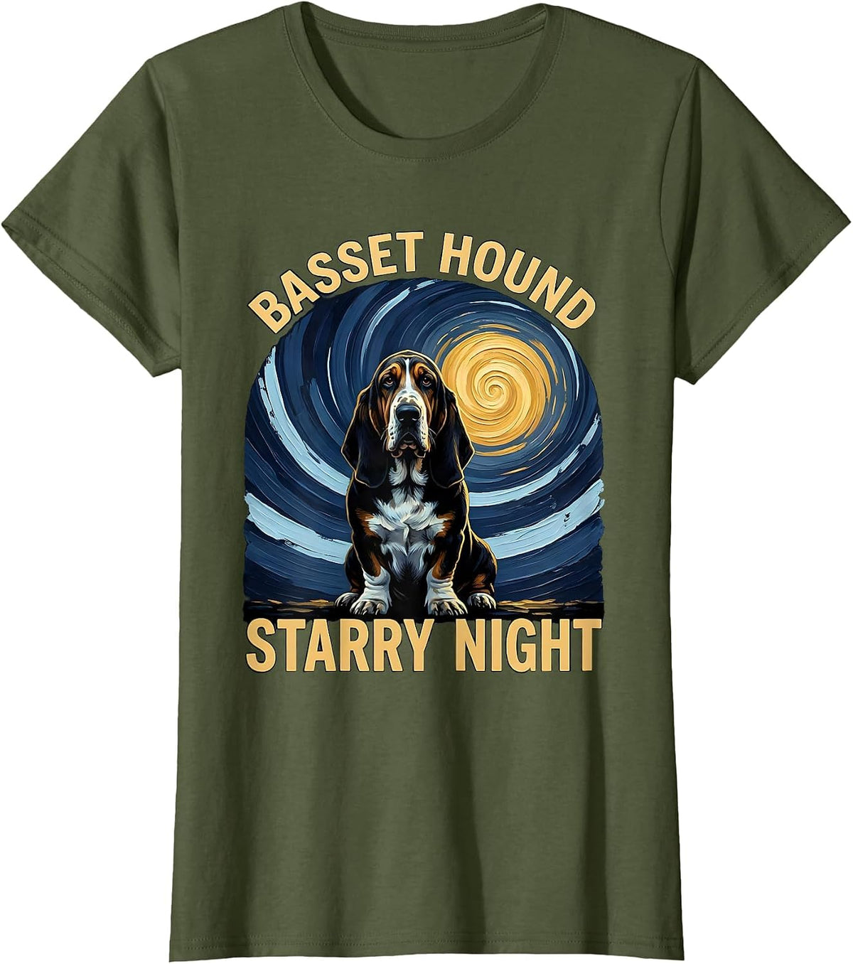 Women's Basset Hound Starry Night Whimsical Pet Lover Van Gogh T-Shirt - Olive Green