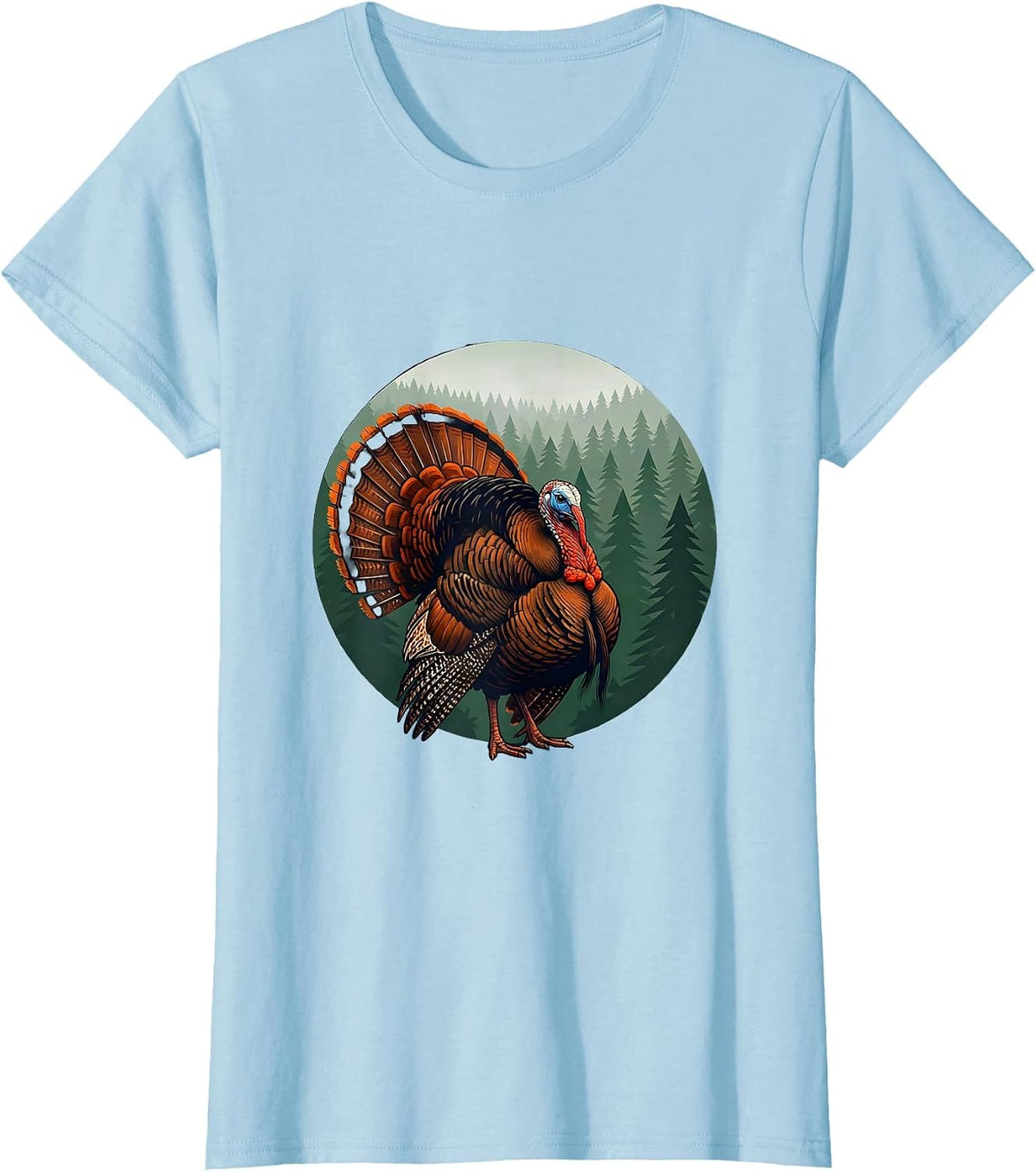 Women's Turkey Strutting Through Pine Forest Illustration T-Shirt - Baby Blue