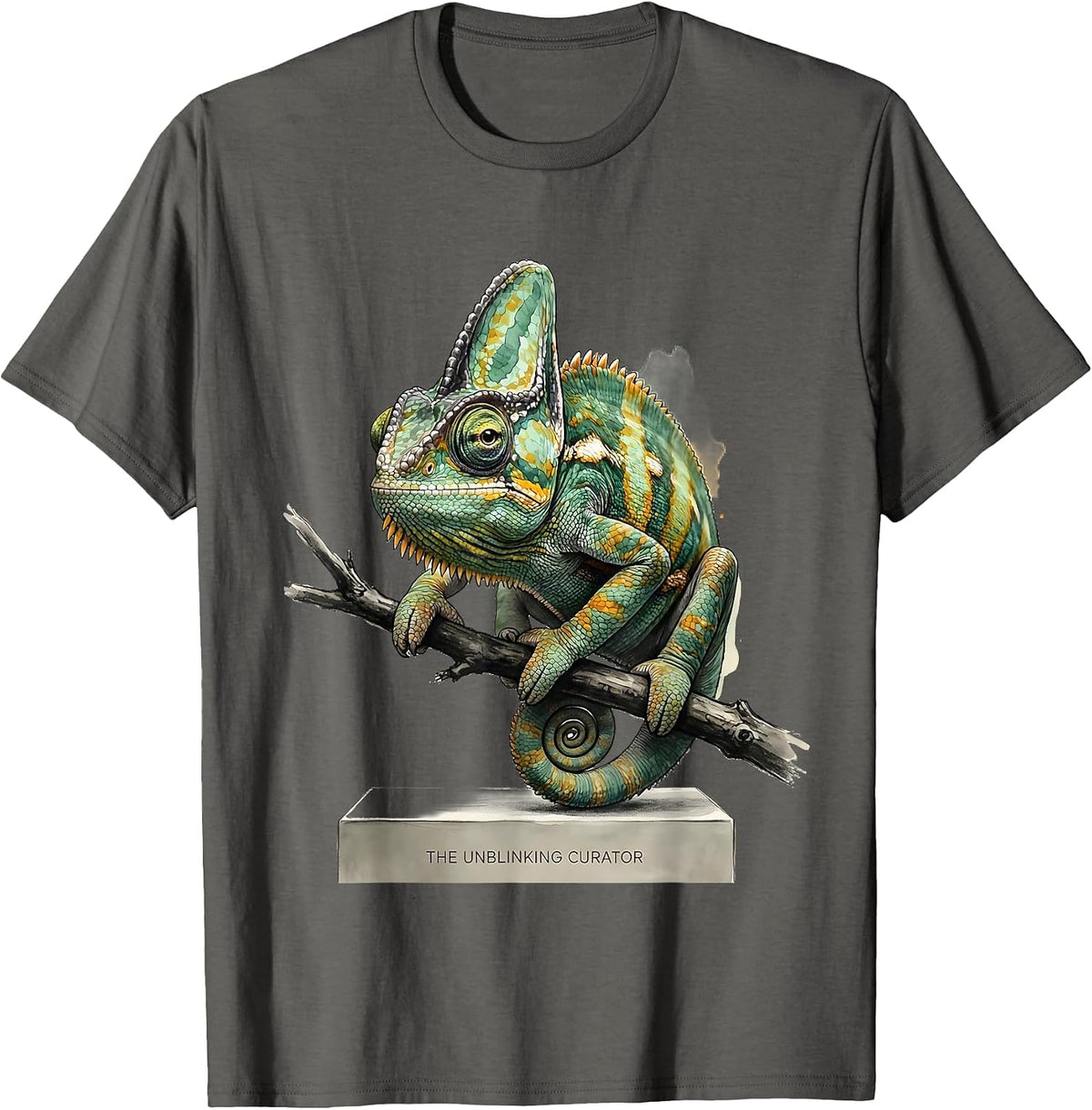 The Unblinking Curator Watercolor Veiled Chameleon Funny T-Shirt - Asphalt Grey
