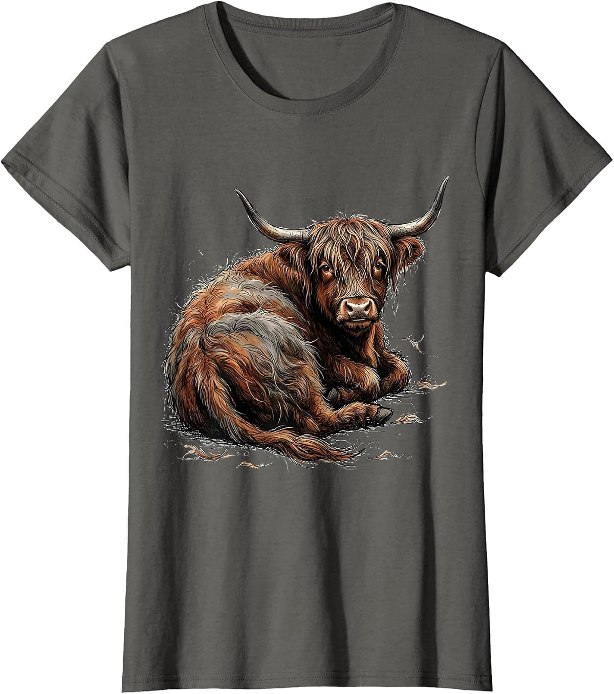 Women's Cute Highland Cow Hand Sketched Scottish Humor T-Shirt - Asphalt Grey