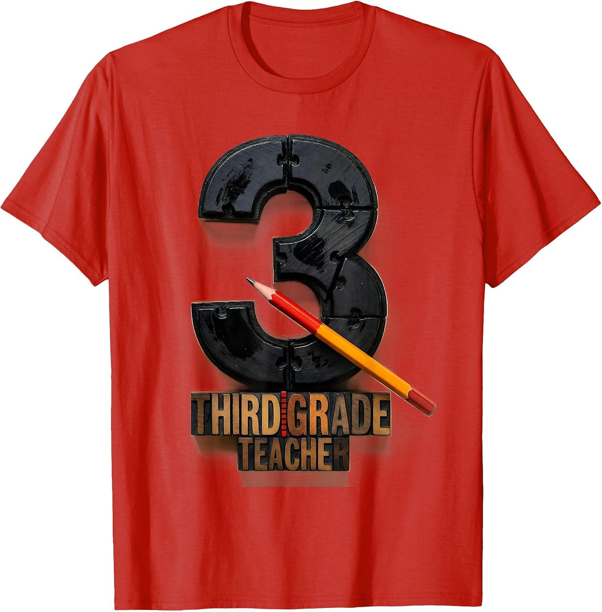 Men's Third Grade Teacher Wood Type Letterpress Back To School T-Shirt - Red