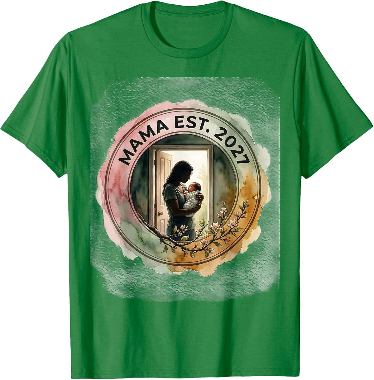 Men's Mama Est 2027 Minimalist Elegant Font Family Keepsake T-Shirt - Kelly Green