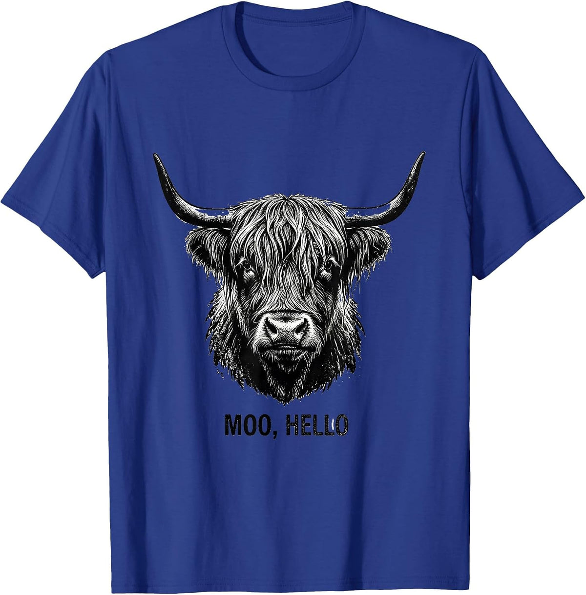 Moo Hello Cute Highland Cow Character Whimsical Humor T-Shirt - Royal Blue
