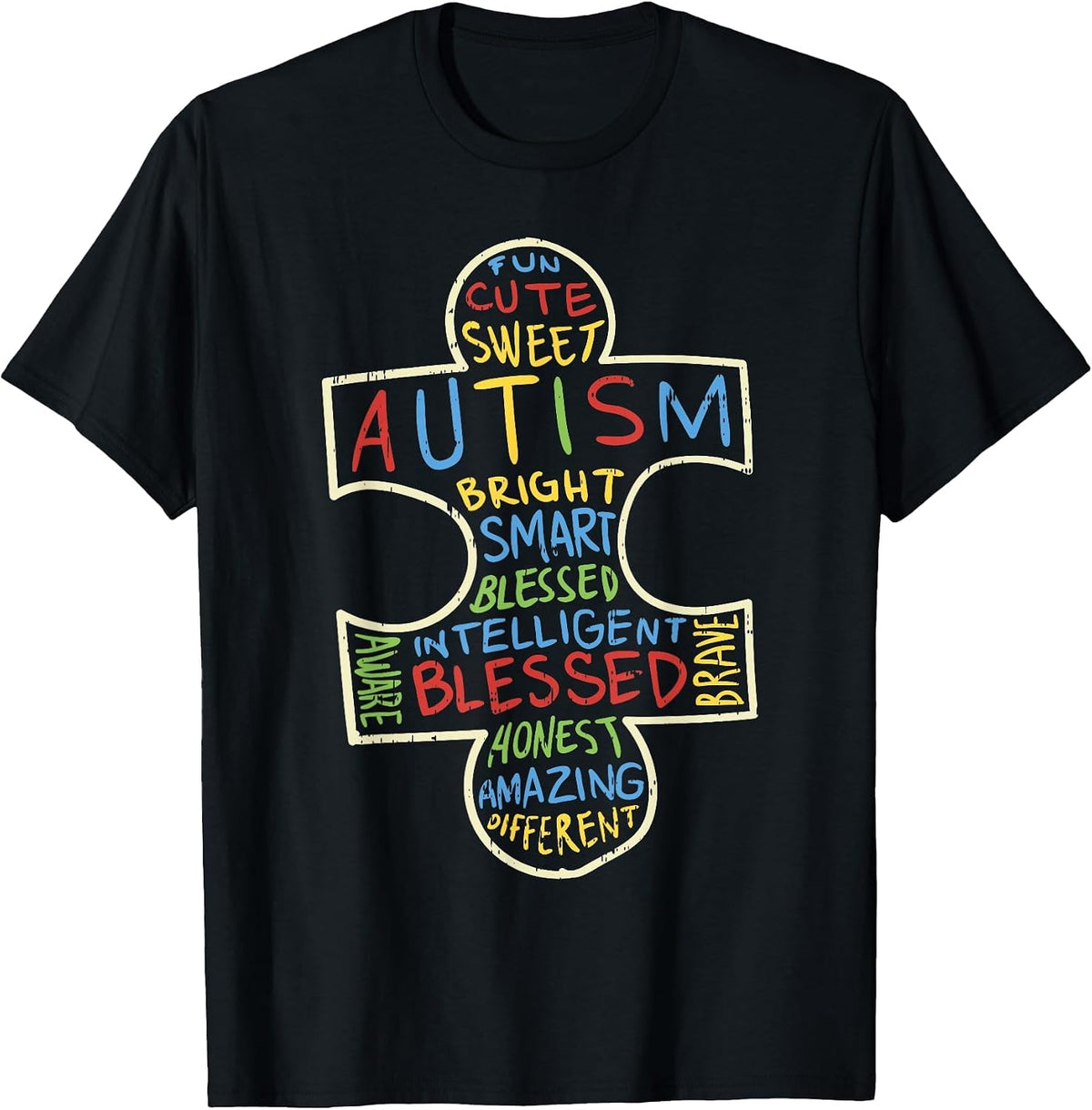 Autism Awareness Shirt Puzzle Piece Words Autistic T-Shirt - Black