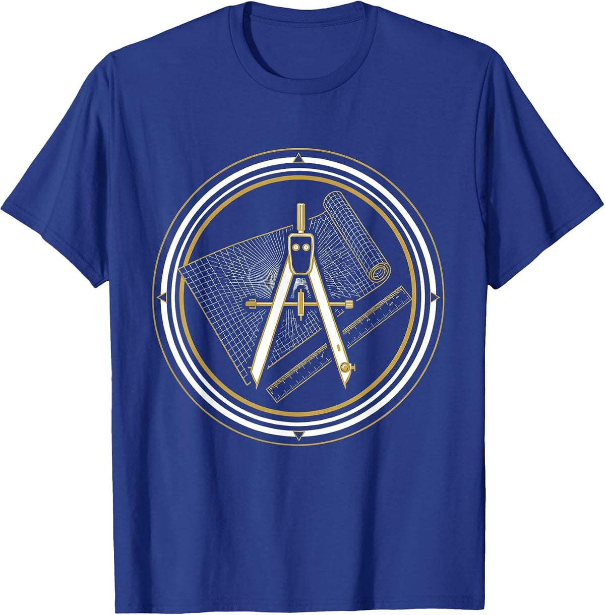 Blueprint Compass and Ruler Illustration T-Shirt - Royal Blue