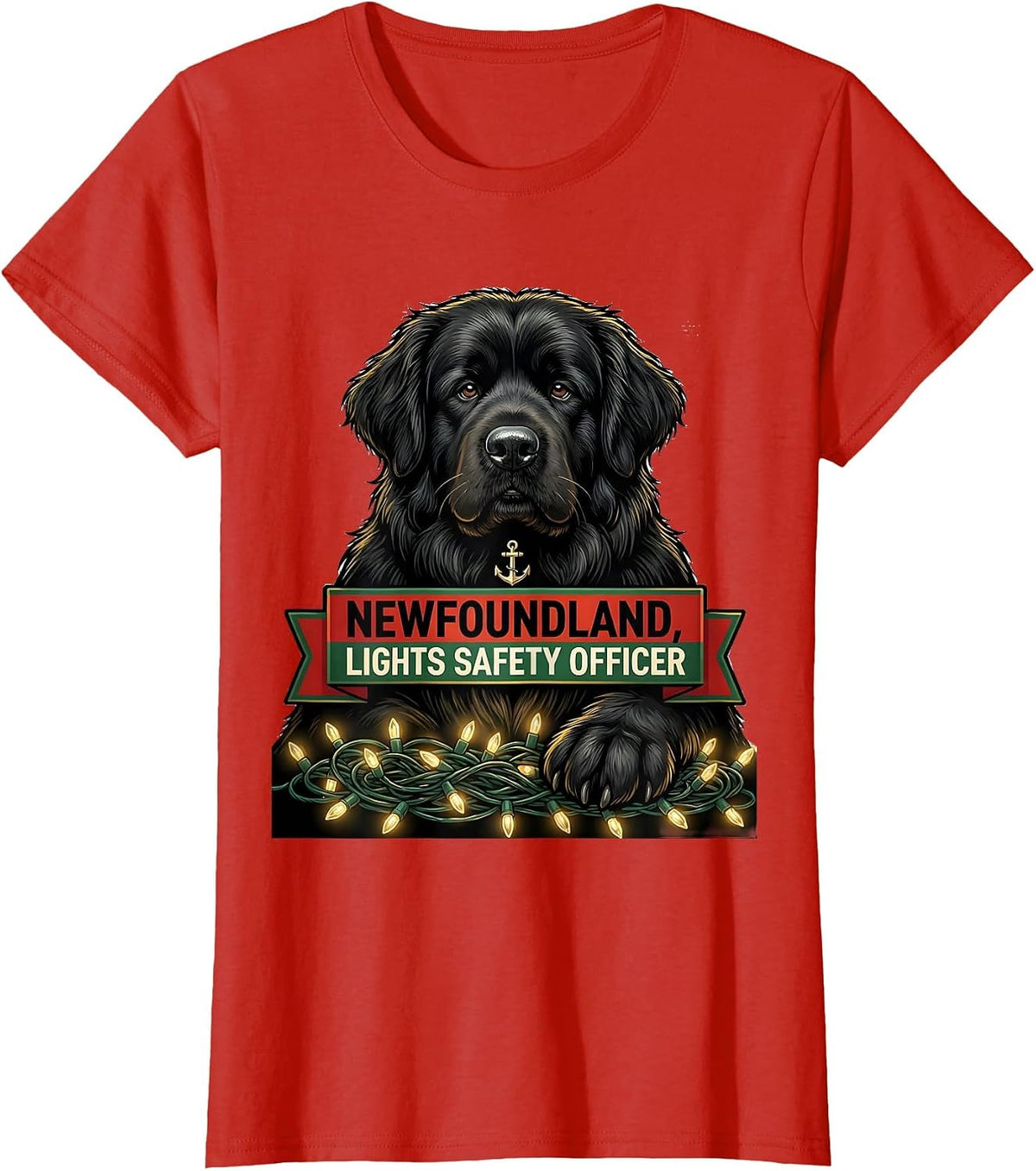 Newfoundland Lights Safety Officer Funny Christmas Dog Breed T-Shirt - Red