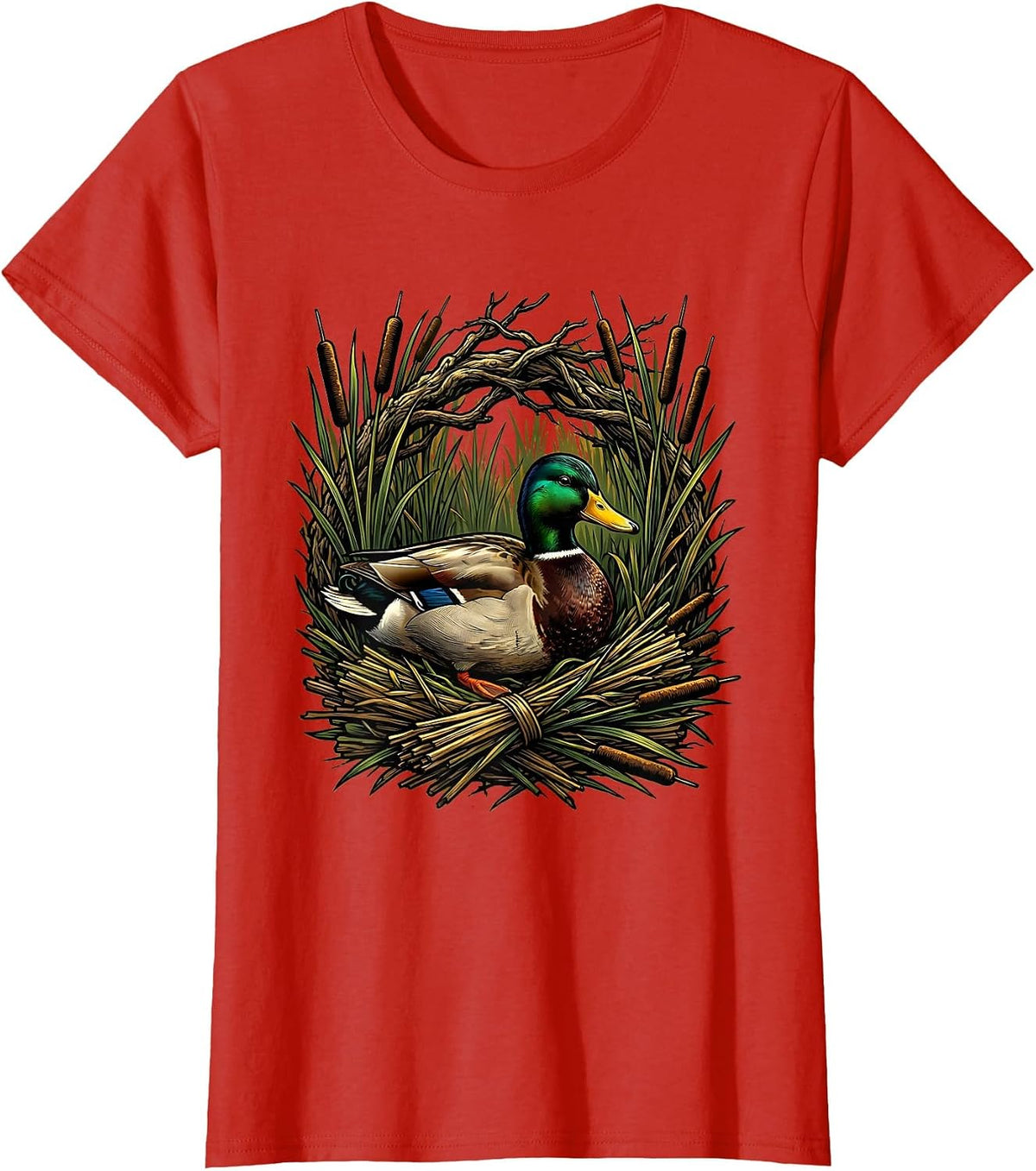 Women's Camo Duck Blind Cattails Hunting Illustration T-Shirt - Red