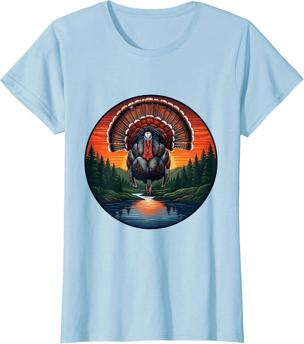 Turkey Tom Full Feather Fan Display Illustration T-Shirt - Baby Blue