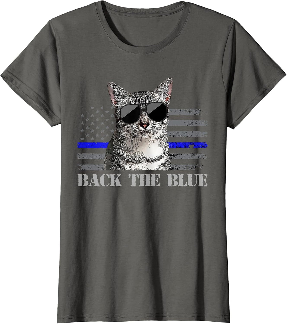Back the Blue Police Cat Thin Blue Line American Flag T-Shirt - Asphalt Grey