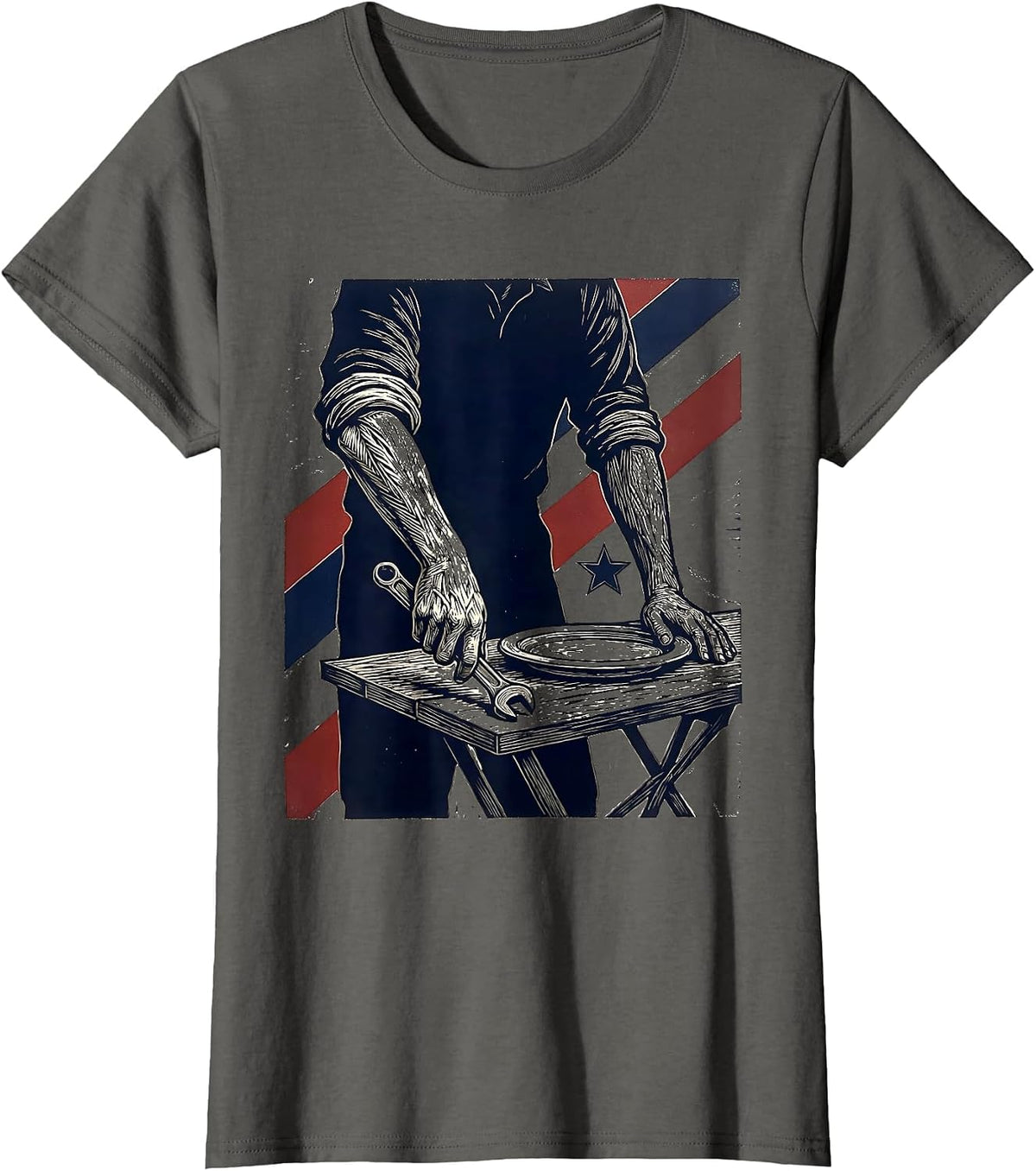 Women's Rolled Sleeve Forearms Linocut Patriotic Labor Day Tribute T-Shirt - Asphalt Grey
