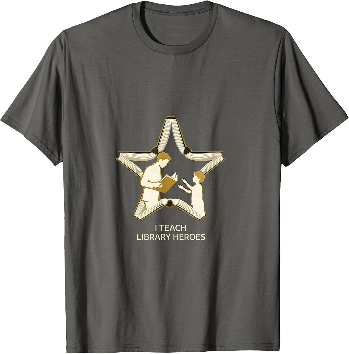 I Teach Library Heroes Funny Teacher Librarian Back T-Shirt - Asphalt Grey