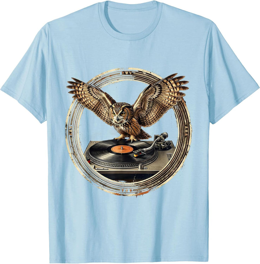 Men's Hip Hop Owl DJ Vintage Turntable Illustration T-Shirt - Baby Blue