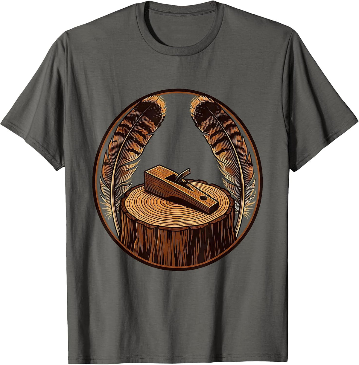 Men's Turkey Call and Feathers on Tree Stump Illustration T-Shirt - Asphalt Grey