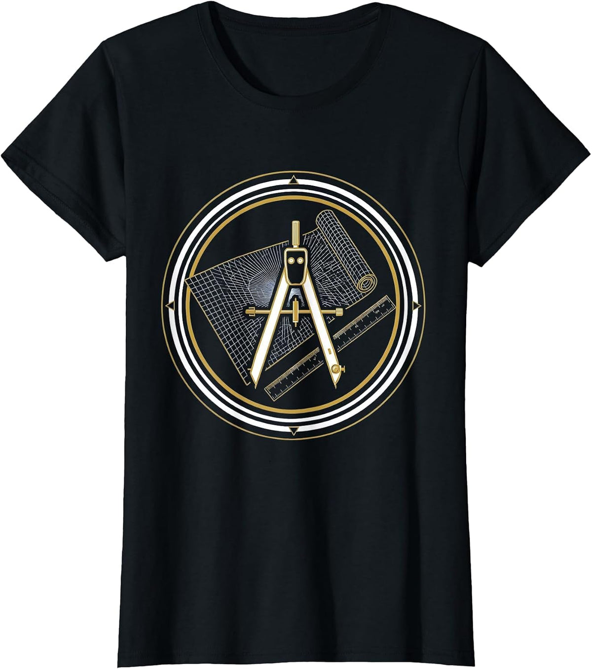 Blueprint Compass and Ruler Illustration T-Shirt - Black