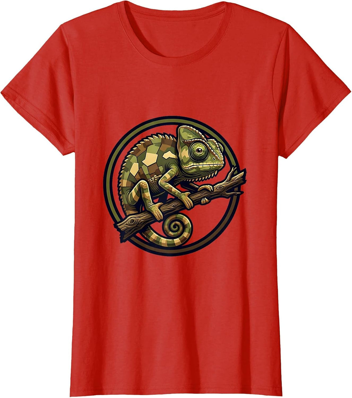 Camouflaged Chameleon on Tree Branch Camo Art T-Shirt - Red