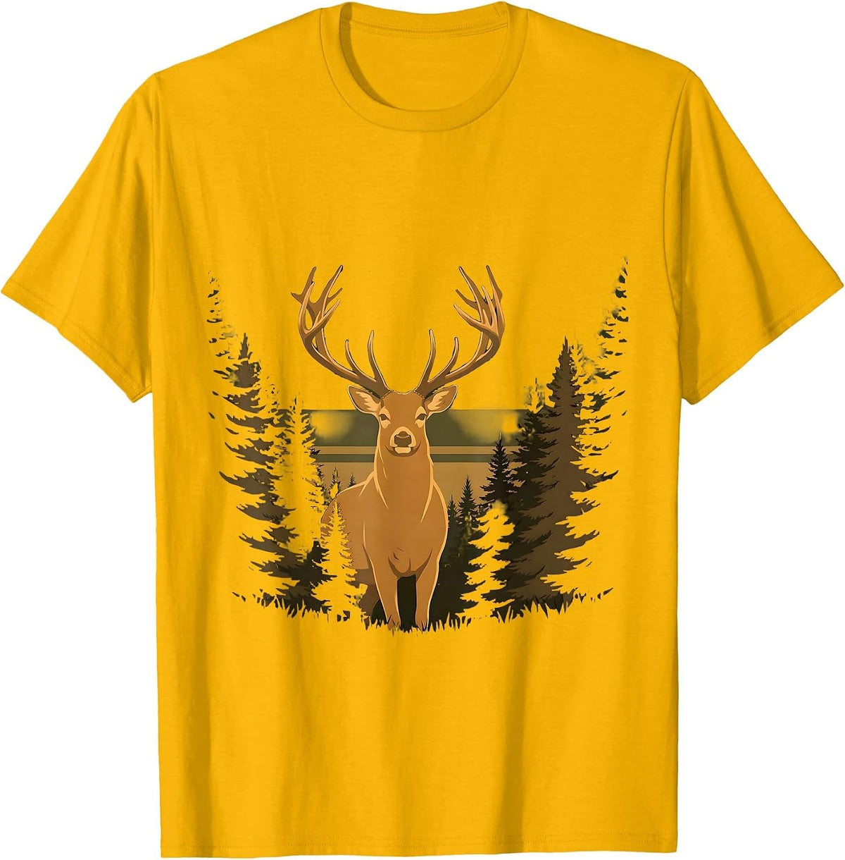 Buck Silhouette Camo Antler Treeline Design T-Shirt - Golden Yellow