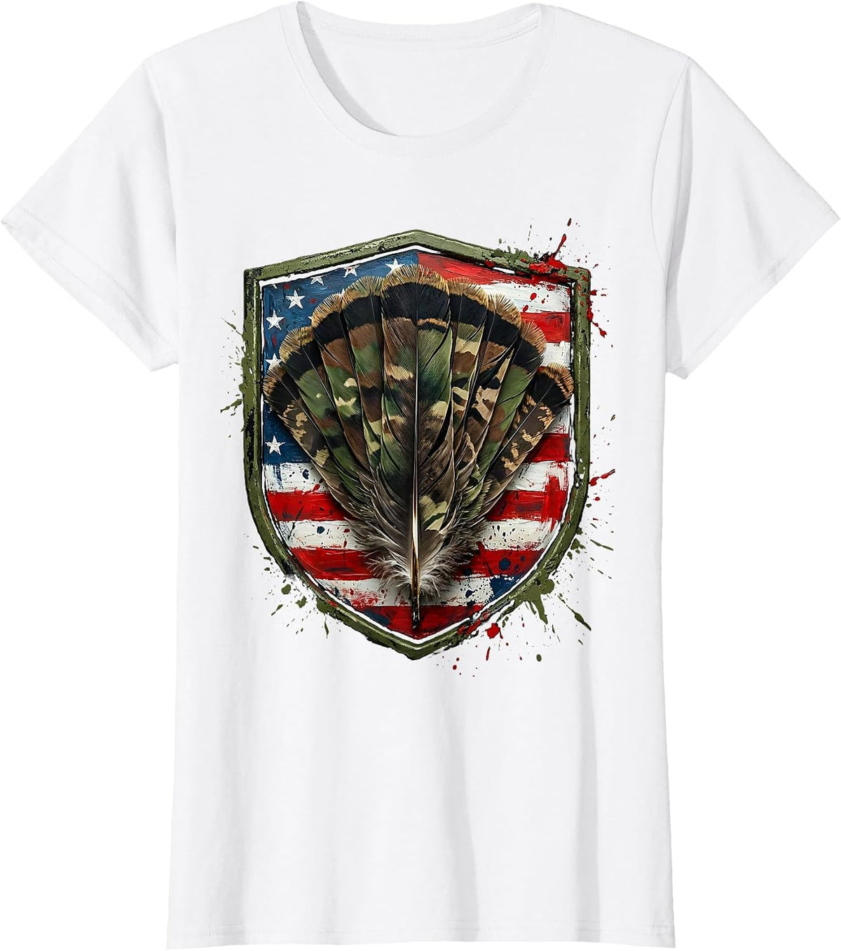 Women's Turkey Feathers Woodland Camo Fan Illustration T-Shirt - White